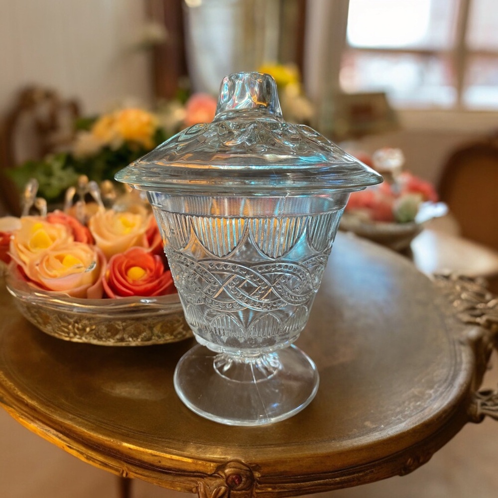 Antique Portland Glass Chain & Shield EAPG Covered Sugar Bowl Candy Dish